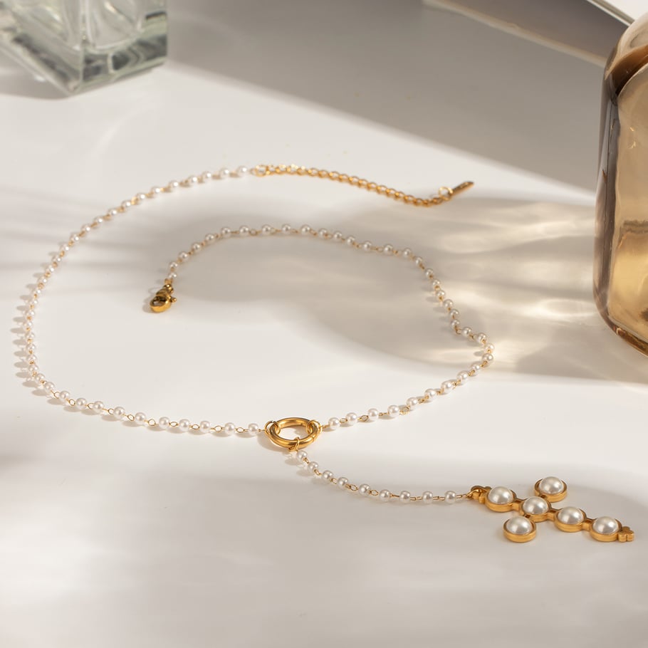 1 Paar Simple Series Retro Kreuz Edelstahl 18 Karat vergoldet Kunstperle Damen Ohrringe Set